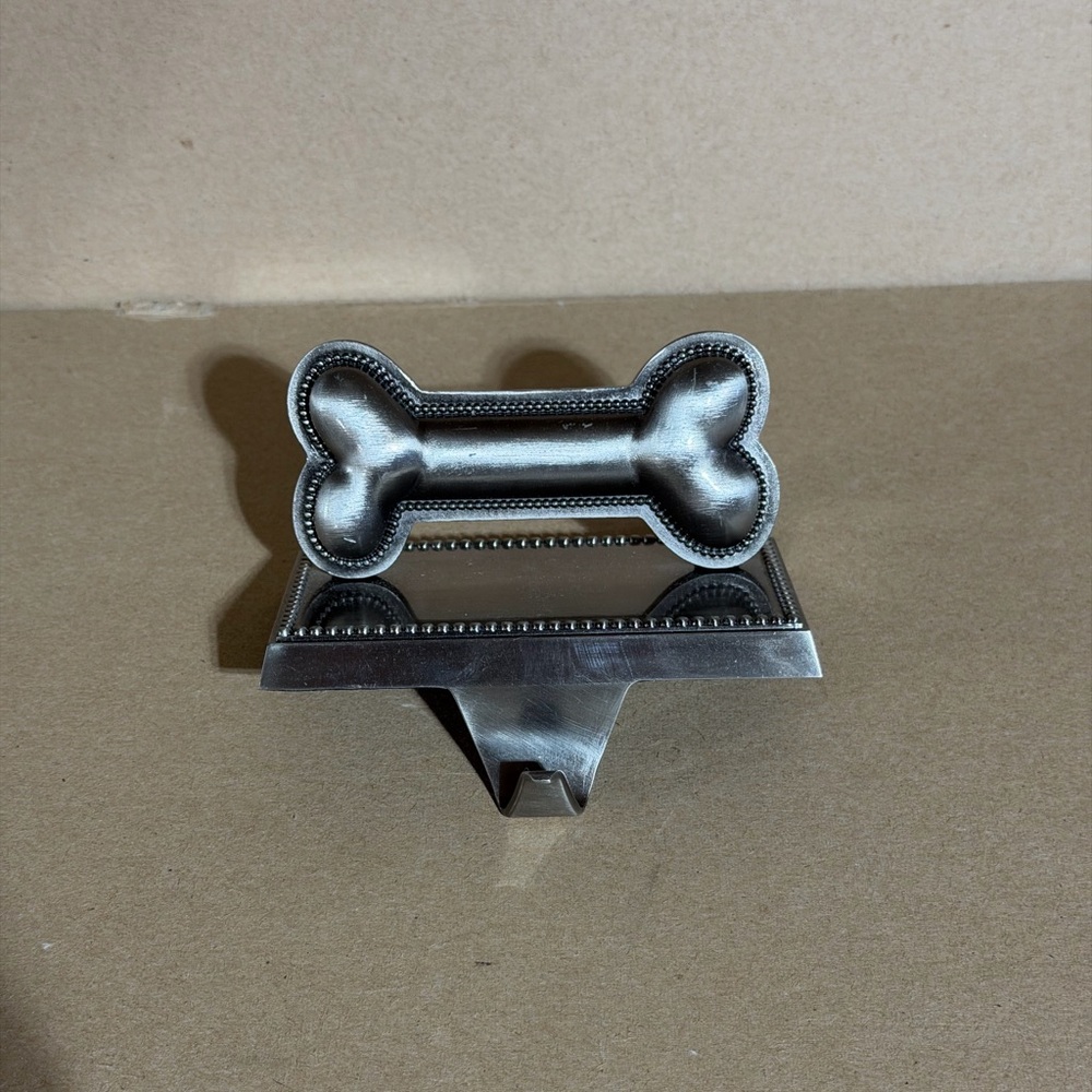 Dog Bone Christmas Stocking Holder Silver Metal Mantel Hanger Weighted